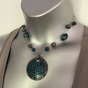 NY teal rhinestone snakeskin pendant floating bead necklace